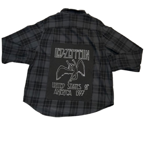 George Other - Led Zeppelin Blue Gray Custom Upcycled Reworked Flannel Plaid Shirt Size 2XL